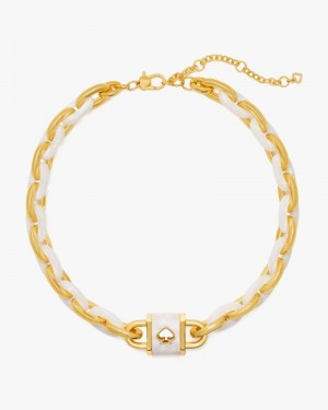 Kate Spade Lock And Spade Statement Link Necklace White Gold | 7068512-HJ