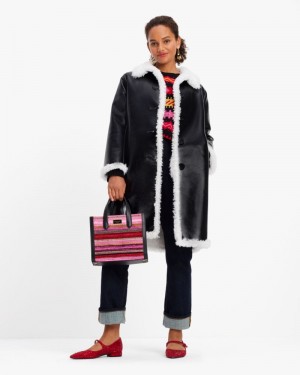 Kate Spade Reversible Faux Patent Shearling Coat Black / Cream | 2751406-MZ