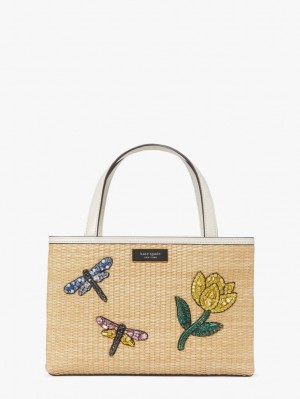 Kate Spade Sam Icon Dragonfly Embellished Straw Small Tote Beige Multicolor | 8796514-JC