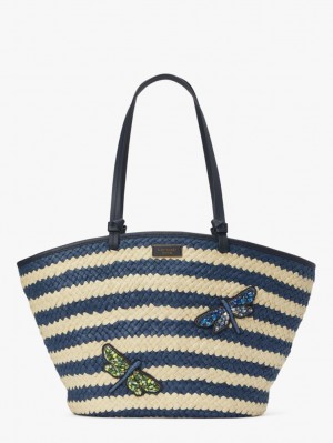 Kate Spade Shore Thing Embellished Striped Straw Large Tote Blue Multicolor | 4691270-CN