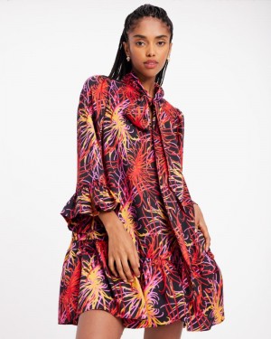 Kate Spade Winter Chrysanthemum Tie-neck Dress Black Multicolor | 1745630-HO