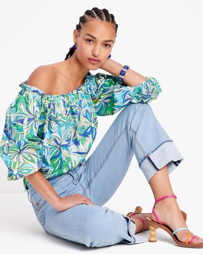 Kate Spade Anemone Floral Off-the-shoulder Top Blue Multicolor | 5268034-YH