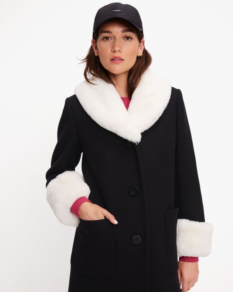 Kate Spade Faux Fur Trim Wool Coat Black | 5407219-UH