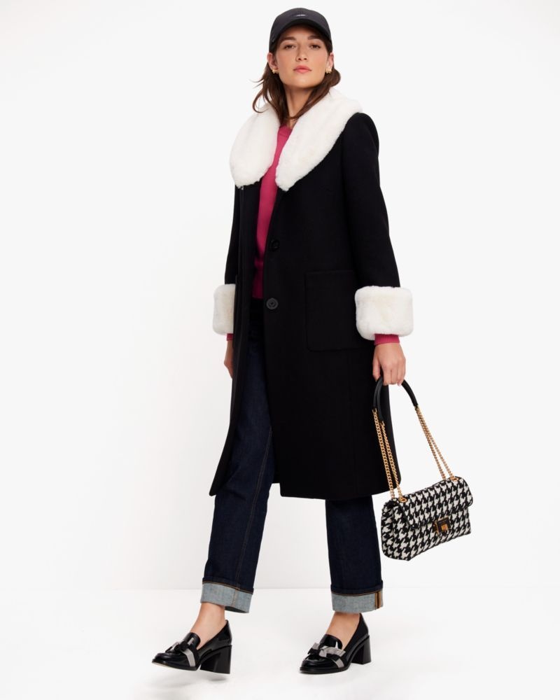 Kate Spade Faux Fur Trim Wool Coat Black | 5407219-UH