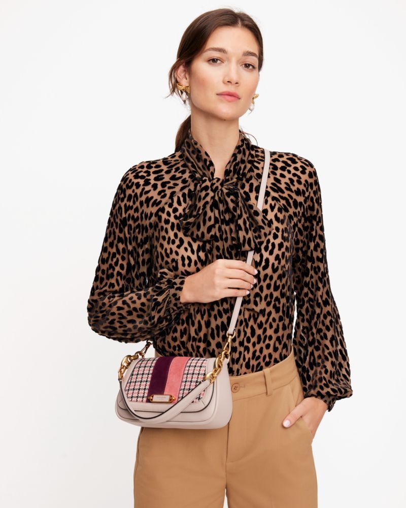 Kate Spade Gramercy Racing Stripe Plaid Twill Small Flap Shoulder Bag Light Brown Multicolor | 3491675-ZY