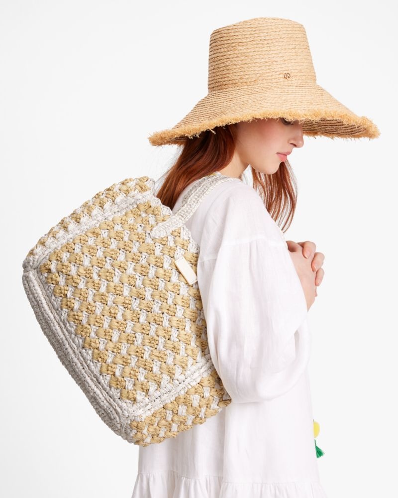 Kate Spade High Tide Striped Crochet Raffia Medium Tote White Multicolor | 3561924-IE