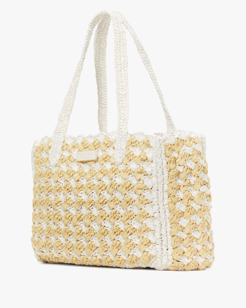 Kate Spade High Tide Striped Crochet Raffia Medium Tote White Multicolor | 3561924-IE