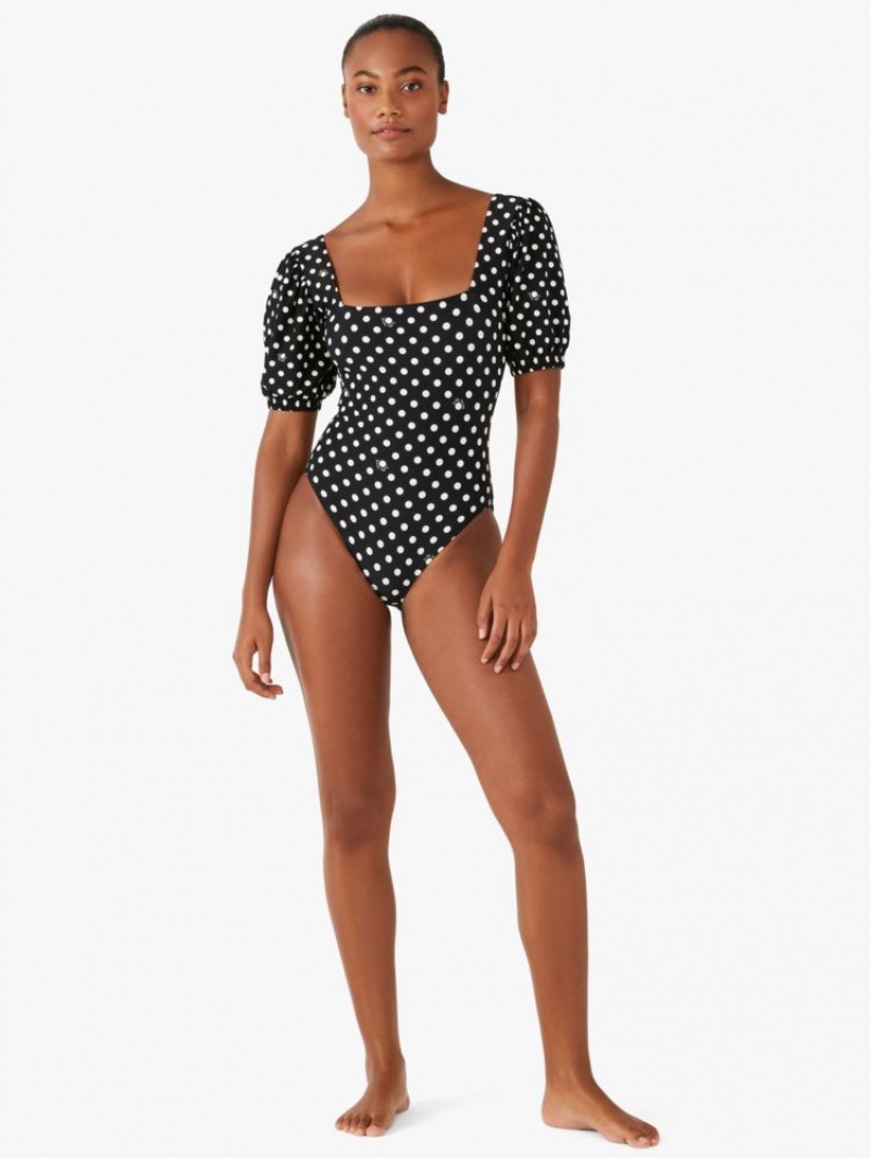 Kate Spade Lia Dot Puff-sleeve One-piece Black | 0689724-GU