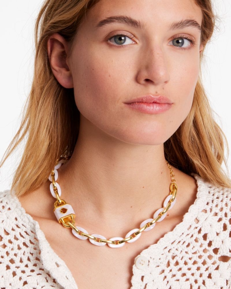 Kate Spade Lock And Spade Statement Link Necklace White Gold | 7068512-HJ