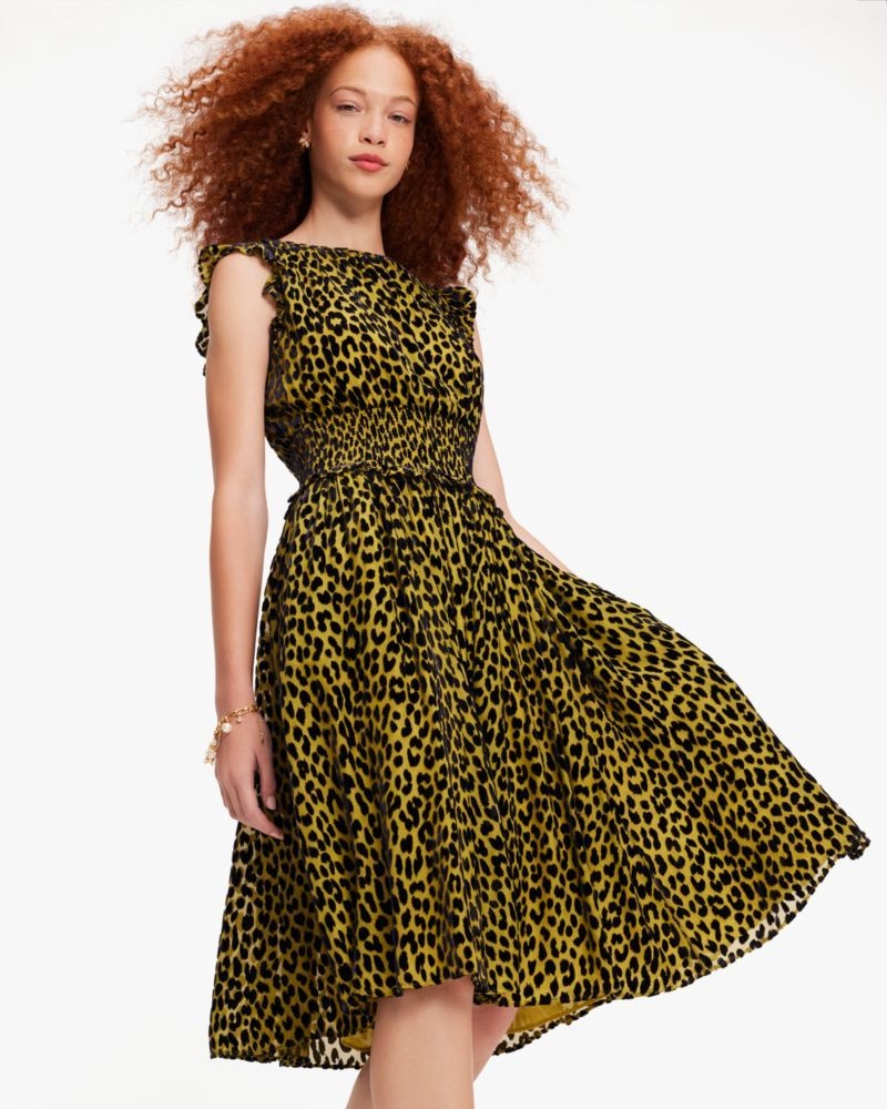 Kate Spade Modern Leopard Smocked Waist Dress Green | 0759481-ZA
