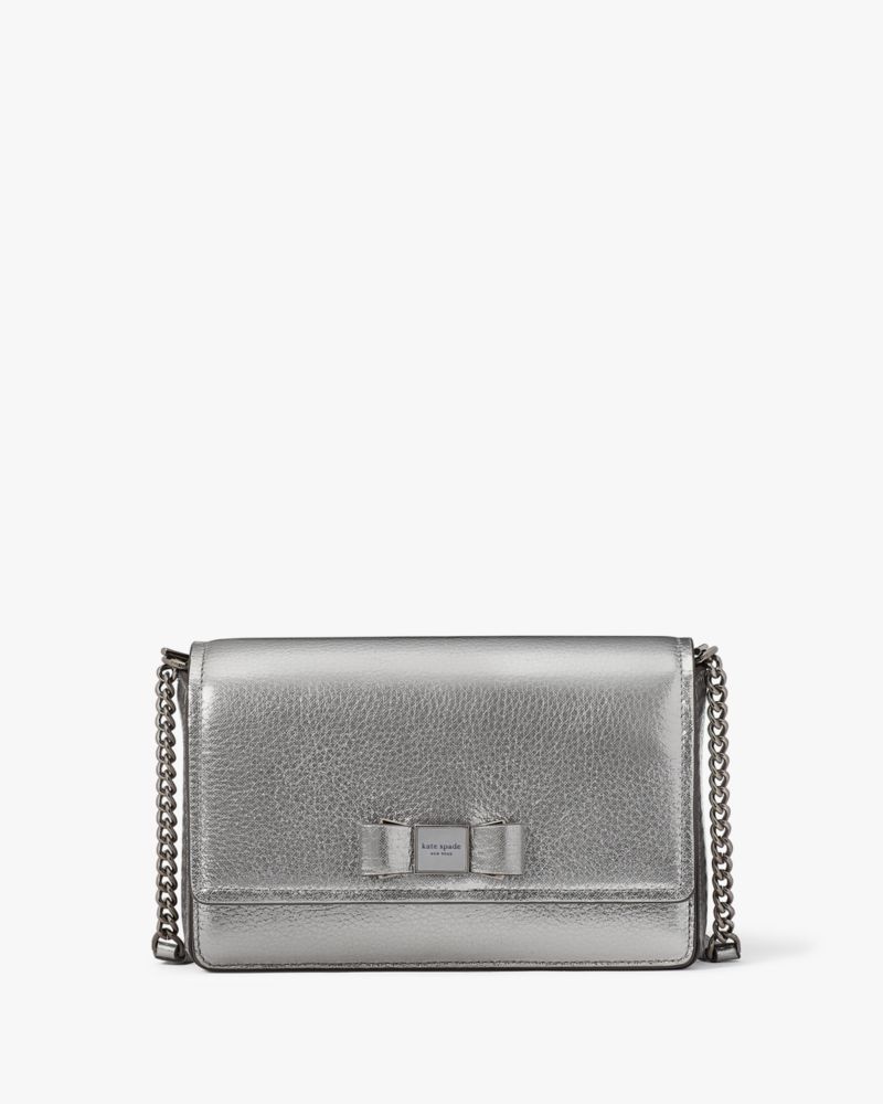 Kate Spade Morgan Bow Embellished Metallic Flap Chain Wallet Silver | 7381096-SP
