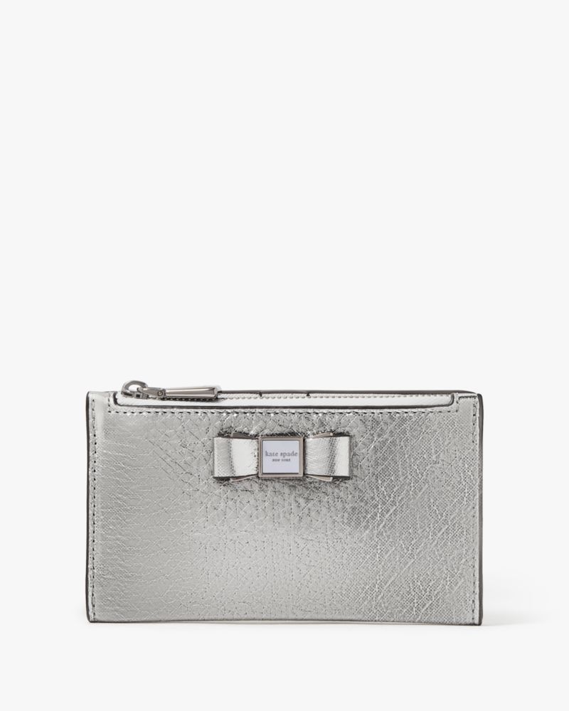 Kate Spade Morgan Bow Embellished Metallic Small Slim Bifold Wallet Silver | 0781964-FE