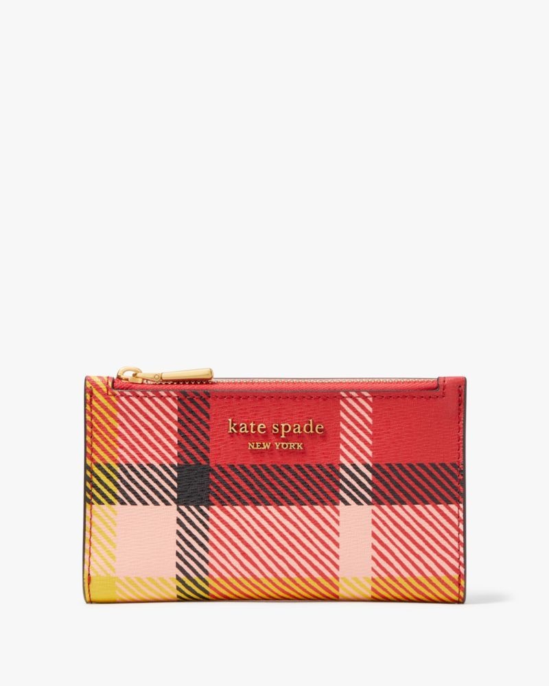 Kate Spade Morgan Museum Plaid Small Slim Bifold Wallet Red Multicolor | 7561934-HC