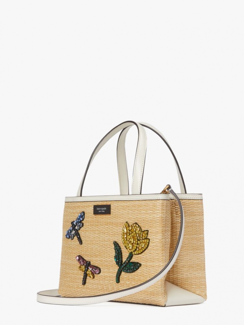 Kate Spade Sam Icon Dragonfly Embellished Straw Small Tote Beige Multicolor | 8796514-JC