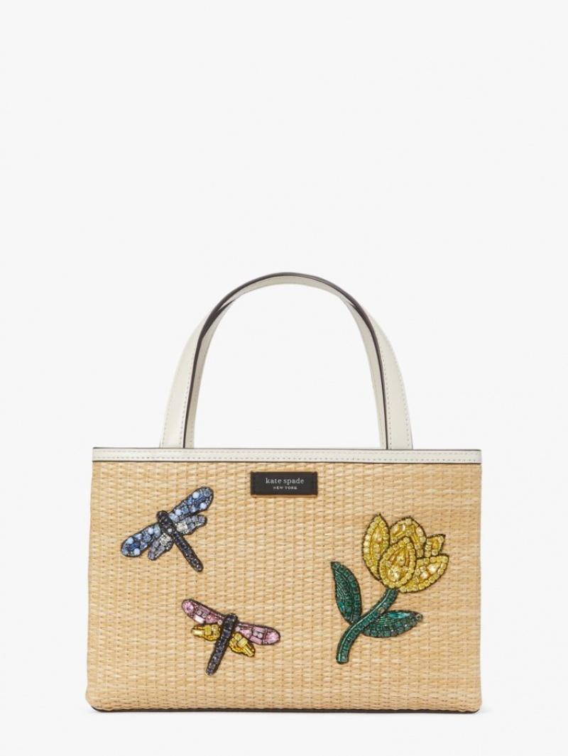 Kate Spade Sam Icon Dragonfly Embellished Straw Small Tote Beige Multicolor | 8796514-JC