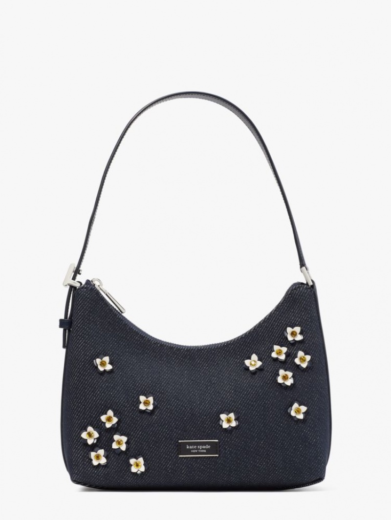 Kate Spade Sam Icon Floral Embellished Denim Small Shoulder Bag Indigo Multicolor | 5416982-DZ