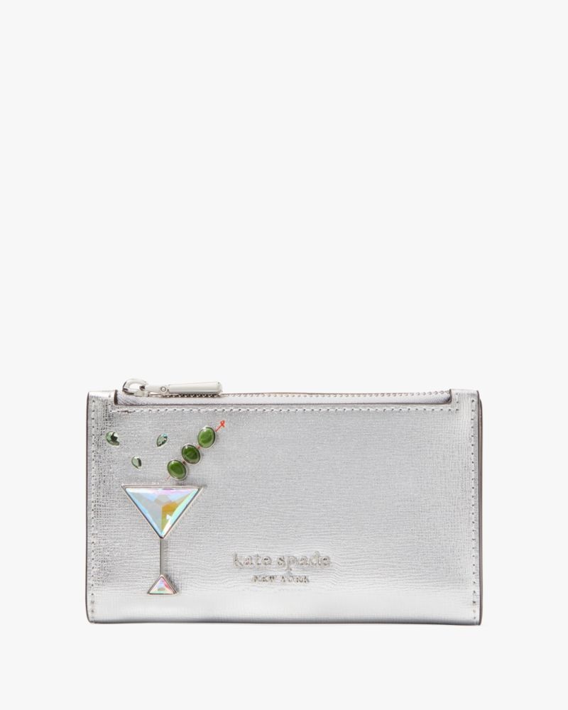 Kate Spade Shaken Not Stirred Embellished Metallic Small Slim Bifold Wallet Silver Multicolor | 6035214-TL