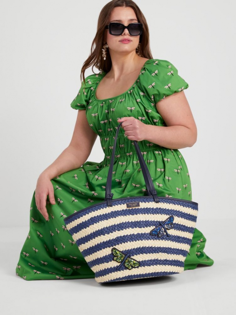 Kate Spade Shore Thing Embellished Striped Straw Large Tote Blue Multicolor | 4691270-CN