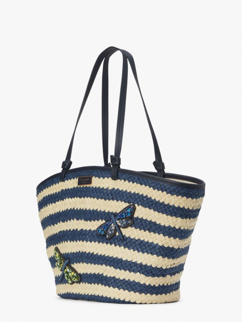 Kate Spade Shore Thing Embellished Striped Straw Large Tote Blue Multicolor | 4691270-CN
