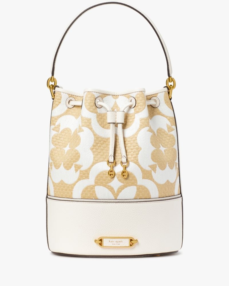 Kate Spade Spade Flower Monogram Raffia Gramercy Medium Bucket Bag Cream Multicolor | 7465802-EH